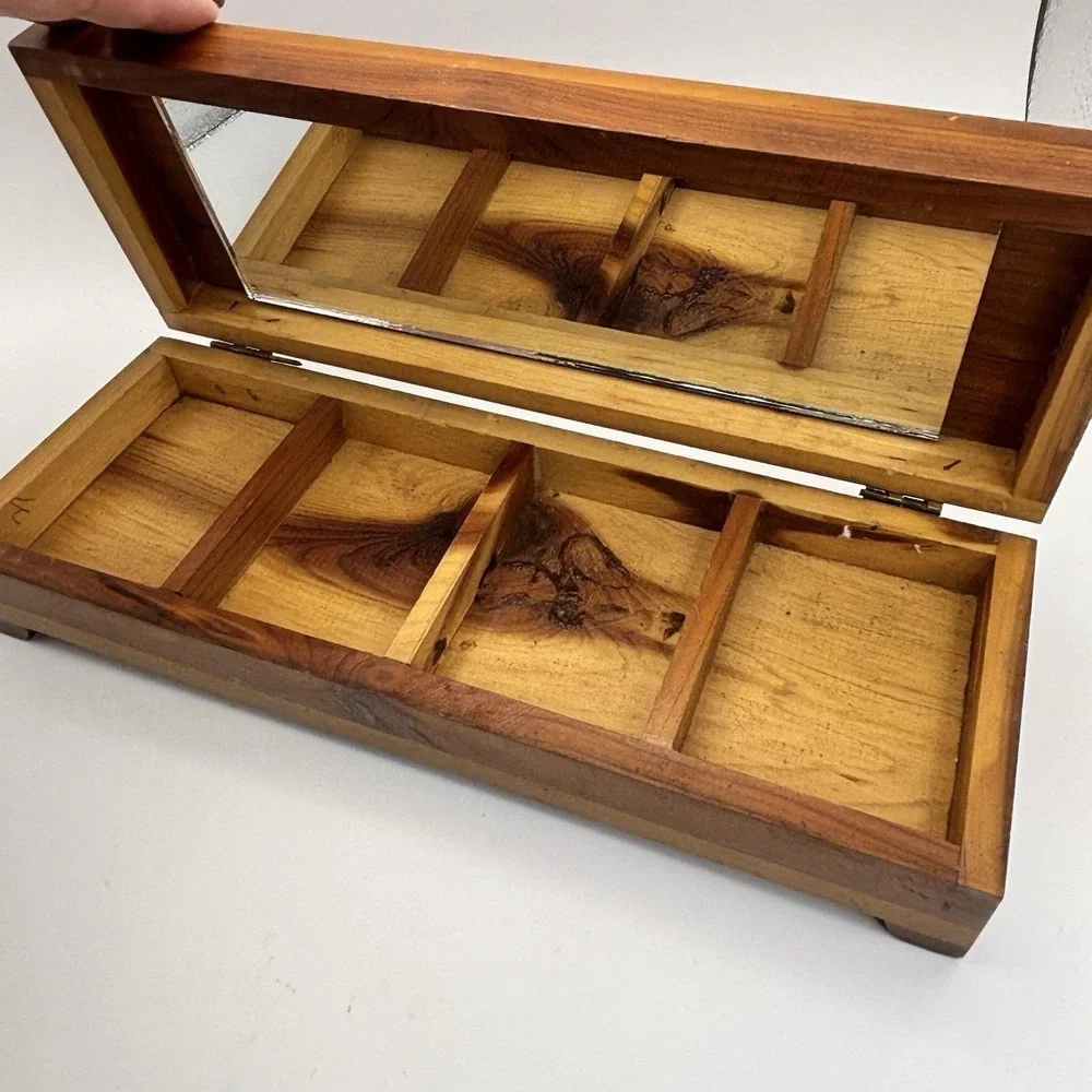 Vtg Wooden Jewelry / Trinket Box Dove Tail Joints Mirrored Dog Terrier HandPaint
